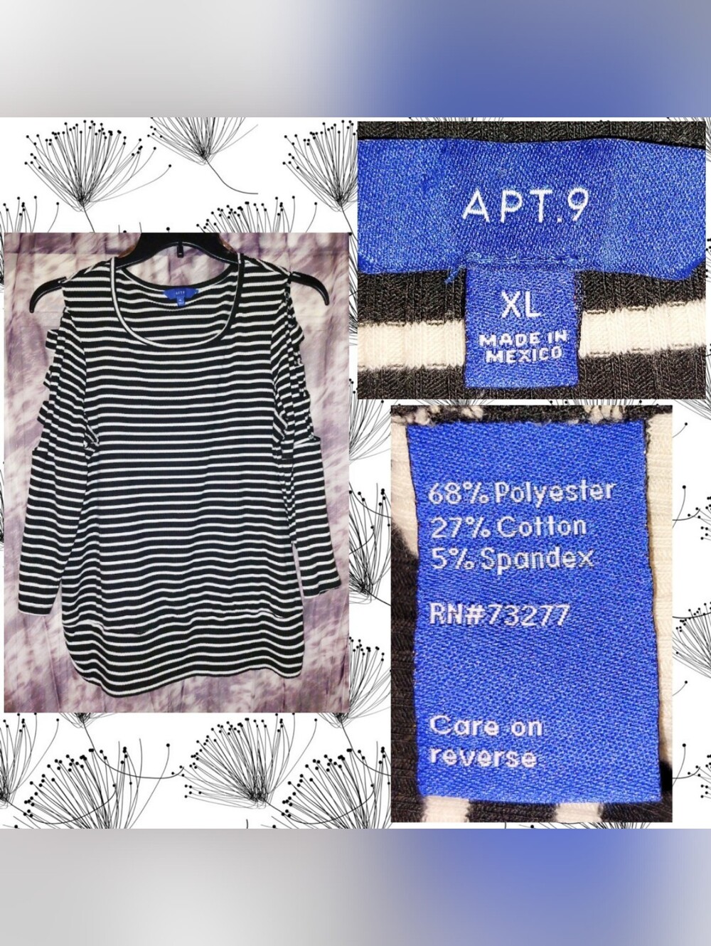Apt. 9 Black & White Striped Ribbed Soft Knit Top w/Cold Shoulder Cutouts Sz XL